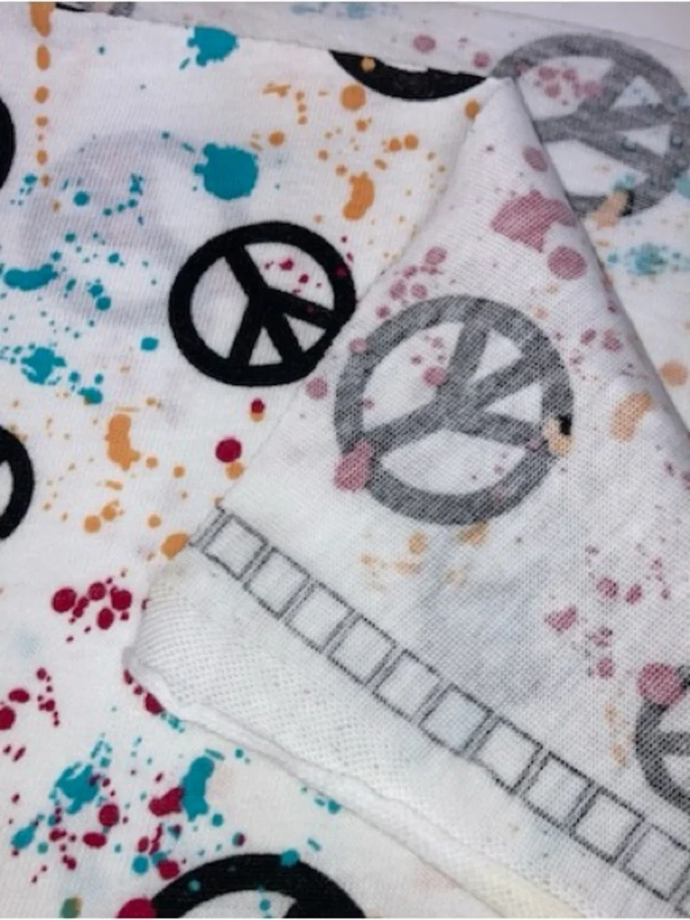 Peace Signs On White Paint Splatter Fabric 1 Yd X 64”